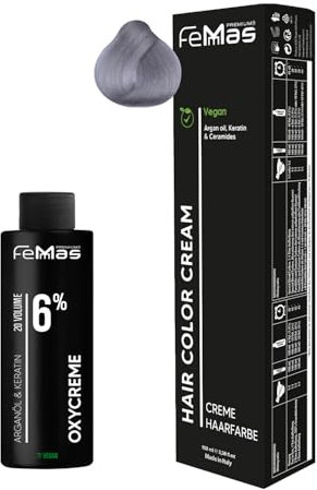 Femmas Haarfarbe Set Silver I Hair Color Cream 100ml + Oxycreme 100ml 6% I Permanente Haar-Coloration + Entwickler I Schonend & langanhaltend I Salon-Haarfarbe für Zuhause