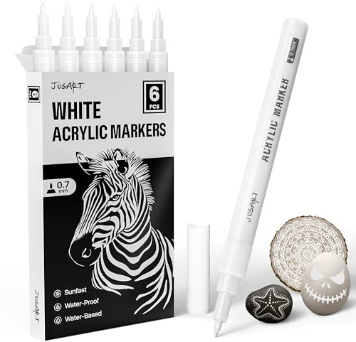 JusArt Lot de 6 marqueurs acryliques blancs à pointe fine de 0,7 mm pour peinture sur roche, projets artistiques, céramique, verre, bois, métal, tissu, bricolage, bricolage, marqueur permanent blanc