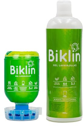 BIKLIN Detersivo Lavastoviglie Ecologico + Distributore Automatico da 120 Lavaggi | 1,5 L di Detersivo Liquido per Lavastoviglie con Sale, Brillantante e Neutralizzatore di Odori