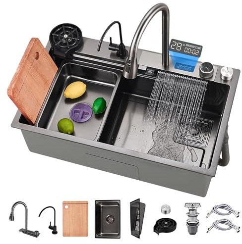 Fregadero Cocina 75x45cm, Fregadero De Acero Inoxidable 1 Seno, Fregadero Cascada Multifuncional, Fregadero Grande Sobre Encimera Con Accesorios Incluidos, Fregadero De Cocina Moderno