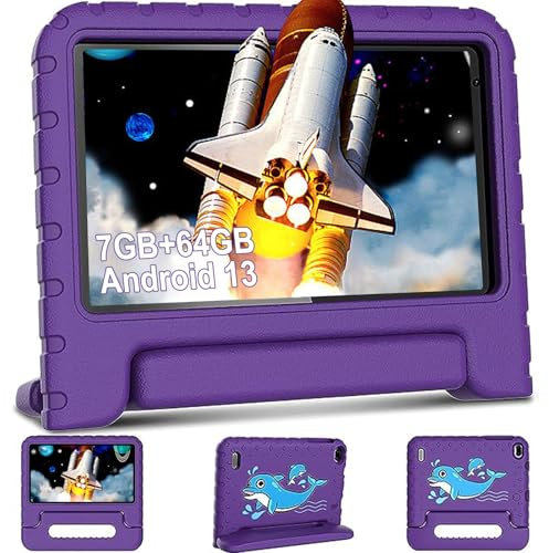 fezawio Tableta Infantil, Tableta Android 11, 7 Pulgadas, 2GB Ram 32gb ROM (TF 512gb), Control Parental, WiFi 6, Funda eva, Morado