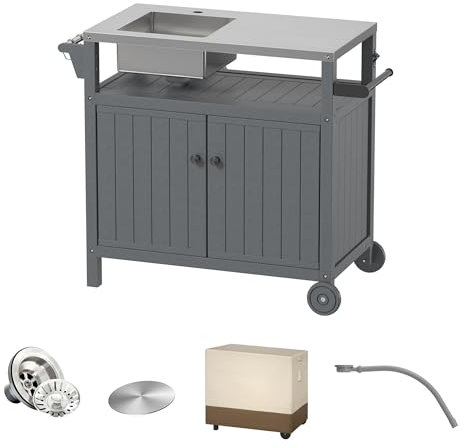 TORVA All in One Outdoor Grill Cart with Sink,Cabinet and Cover, 42 inch Freestanding Modular Kitchen Sink Station in 304 Stainless Steel&HDPE, All Weather Use BBQ Table, Grey