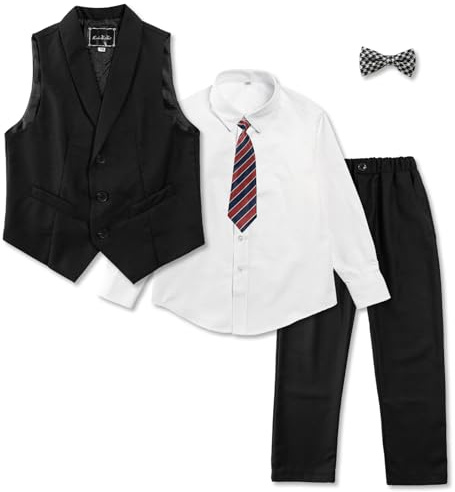 LOLANTA 5-delad pojkkostymuppsättning för bröllop, konfirmation och födelsedag, formell sidan-outfit med väst, byxor, skjorta, fluga och slips, svart, 13-14 år