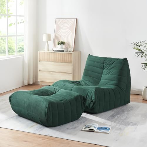 [en.casa] Bodensessel mit Fußhocker Kodsø Cord Grün Bodenstuhl mit Rückenlehne und Sitzhocker Lesesessel mit Pouf Bodensofa gepolstert Sitzsack Ottomane 75 x 90 x 100 cm Relaxsessel