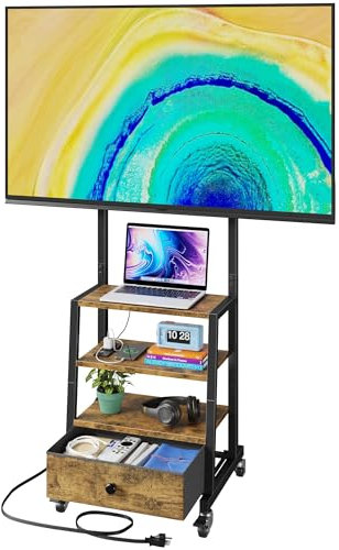 Mobile TV con ruote, supporto e cassetto in tessuto, centro intrattenimento con presa di corrente e piccolo supporto TV per camera da letto e soggiorno, 38,1 cm, marrone rustico