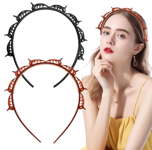 Lot de 2 serre-têtes avec pinces à cheveux - Serre-tête avec pinces - Serre-tête torsadé - Accessoire de coiffure pour femme