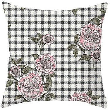 Kissenbezug 80x80 Pink Peony Plaid Outdoor Kissenbezug Polyester Quadrat Sofakissen Dekokissen Atmungskativ Weich Kissenhüllen Waschbar Cushion Cover mit Reißverschluss