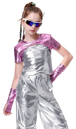 LOLANTA Haut Metallisé Enfant Fille Métallique Crop Top Danse Tenue Hip-hop Latine Jazz Spectacle Carnaval Fête Brillant Disco T-Shirt Manches Courtes avec Manchon Bras