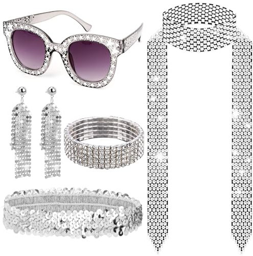 GIEEU Abba-Kostüm-Set mit Pailletten-Stirnband, glitzernde Sonnenbrille, Ohrringe, Disco-Schal für Hippie-Mottoparty, Halloween, Karneval, Geburtstag, Tanz, 6-teilig