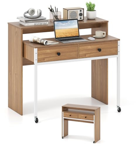 COSTWAY Schreibtisch ausziehbar, Kleiner Computertisch mit 2 Schubladen & Rollen, Bürotisch mit Metallrahmen, Arbeitstisch, PC-Tisch für Zuhause, Büro, 100 x 63 x 88 cm (Natur)