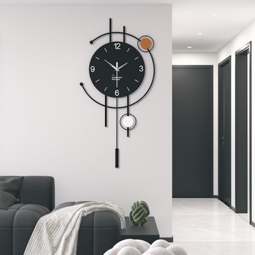 TWFJEL Modern Minimalistisch Wanduhr Kreativ ohne Tickgeräusche Dekorative Wanduhren Batteriebetrieben Schwarz Holzzifferblatt + Metallrahmen Pendeluhr für Wohnzimmer Schlafzimmer Büro Küche (L)