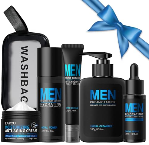 Kit Cura Viso Regalo Uomo, 5 pezzi Beauty Routine Viso Kit Anti Age, Compagno di Viaggio Ideale, per Detergente Idratante Nutriente Anti-età Revitalising Self