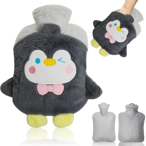 HSYTEK Mini Wärmflasche, Plüsch Flauschige Wärmflasche, 500 ML Weicher Wärmflaschen, Kuschelig Pinguin Wärmflaschen mit Auswechselbarem Stoffbezug, Explosionsgeschützt Auslaufsicher (Grau)