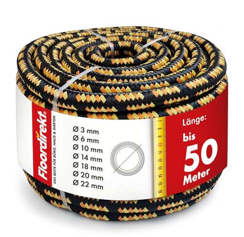 Floordirekt Polypropylen Seil K2 – 6mm 100m schwarz-orange, UV-beständig & wetterfest – strapazierfähiges PP-Seil für Garten, Camping, Boot & Landwirtschaft