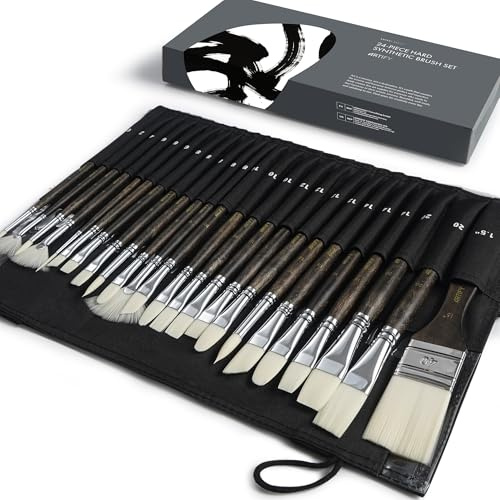 ARTIFY 24pcs Synthetic Acrylic Paint Brush Set With a Canvas Roll Case- Expert Series, Hog Bristle Nylon Paint brushes for Acrylic, Oil Painting – No Shedding, Artist Gifts, Art Supplies
