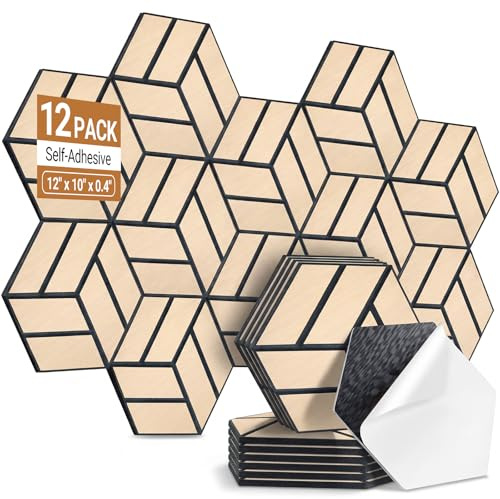 AUSLET 12 Stück Hexagon Akustikplatten Selbstklebend, 30 x 26 x 0,9 cm Hohe Dichte schallabsorber wand, Schallschutzplatten für Studio, Büro, Akustische Behandlung und Gaming deko, Eiche