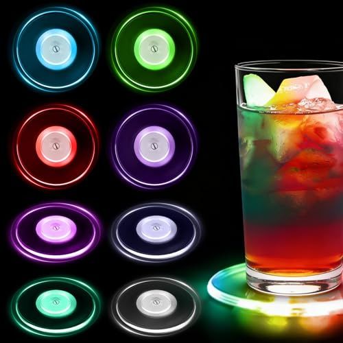 LED Untersetzer Bunt: 8 Stück Leuchtende Untersetzer Acryl, 3 Beleuchtungsmodi Beleuchtete Untersetzers für Getränke, 7 Farbmodi & ON/Off Leuchtuntersetzer für Gläser Flaschen Partys Bar Hochzeiten