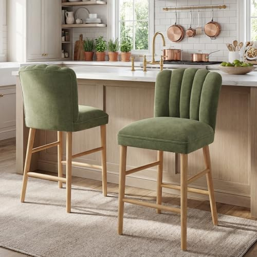 chairus Barhocker 2er Set Holz Barstuhl mit Lehne, Chenille Küchenhocker Gepolstert Thekenhocker mit Fußstütze für Esszimmer, Grün