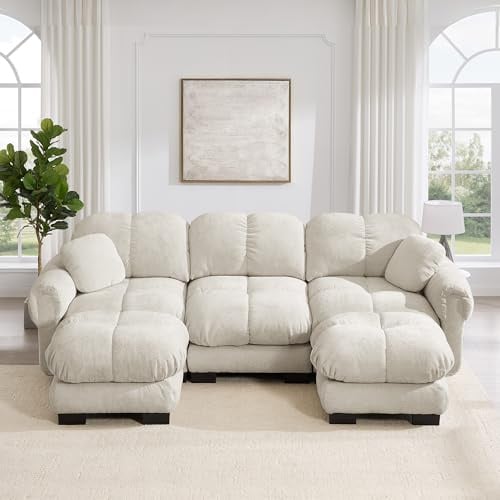 Piaenon 3-Sitzer U-förmiges Cloud-Ecksofa aus Chenille mit Ottomane, 2 Dekokissen & Steppdesign – weich & stützend, hellkhaki