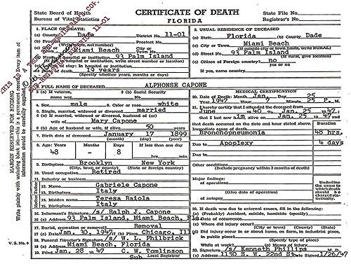 Wee Blue Coo Al Capone Death Certificate Gangster Mob Mafia Art Print Poster Wall Decor Kunstdruck Poster Wand-Dekor-12X16 Zoll