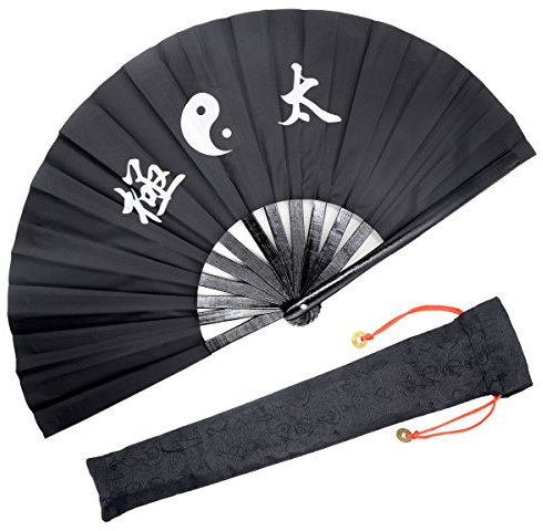 OMyTea Performance Large Hand Folding Fan - Chinese/Japanese Kung Fu Tai Chi Handheld Fan for Men/Women - For Decorations/Dancing/Fighting/Gift (Black Tai Chi)