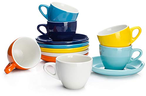 Sweese - (Demitasse) Espresso Cups with Saucers 4 oz - Perfect for Single or Double Espresso, Cappuccino, Latte and Tea, Set of 6, Multicolor, Rich Assorted Colors