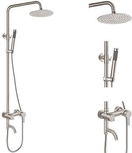 Aolemi Duscharmatur Outdoor SUS304 Silber Regenfall Edelstahl 8 Zoll Duschkopf mit Handbrause 3 Funktionen Kombi Duschset Gebürstetes Nickel
