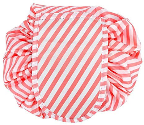 INTIRILIFE Kosmetiktasche in ROSA GESTREIFT - 62 x 54 cm - Runder One Step Kulturbeutel mit Kordelzug zum Zusammenziehen mit 2 inneren Reißverschlussfächern zur Aufbewahrung von Make-Up etc.