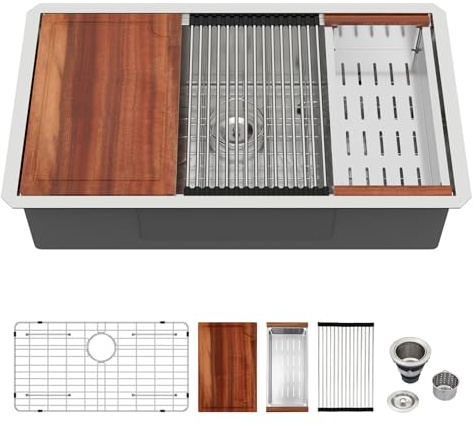 33 Unterbauspüle – Logmey 83,8 cm Küchenspüle Unterbau 18 Gauge Edelstahl Unterbau Spüle Ledge Workstation Tiefe Einzelschüssel 83,8 cm Workstation Spüle