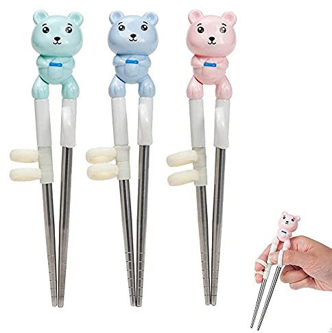 3 Pares Palillos de Entrenamiento, Palillos Ambientales de Acero Inoxidable para Niños, Ayudante de Palillos, Palillos de Entrenamiento de Dibujos Animados,Baby de Varillas de Entrenamiento