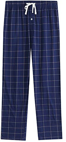 Vulcanodon Mens Cotton Pyjama Bottoms, Lightweight Sleep Pants with Pockets Soft Lounge Pajama Pants for Men Plaid Pj Bottoms (Navy-Plaid, XL)