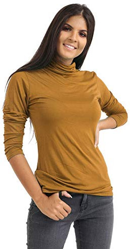 janisramone Womens Ladies Long Sleeve Turtle Polo Neck T-Shirt Slim Fit Jersey Casual Basic Plain Tee Vest Top Camel