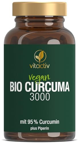 Vitactiv Natural Nutrition Bio Curcuma 3000 - Kurkuma hochdosiert - Curcuma Extrakt mit 95% Curcumin - Piperin für hohe Bioverfügbarkeit - Ohne Magnesiumstearat, Vegan-60 Curcuma Kapseln für 60 Tage