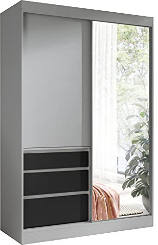 Furniture24 Schwebetürenschrank Haiti 140 Kleiderschrank Schiebtür 2 Türen 3 Schubkästen 2 Kleiderstange Schrank Grau Schwarz matt mit Spiegel