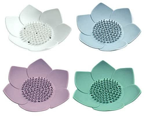 Kaimeilai Porte Savon Forme Fleur de Lotus, 4 pcs Silicone Boîte à Savon, Égouttoir Silicone bac à Savon, avec Drainage pour Salle de Bain ou Cuisine pour Garder Le Savon Sec et Propre