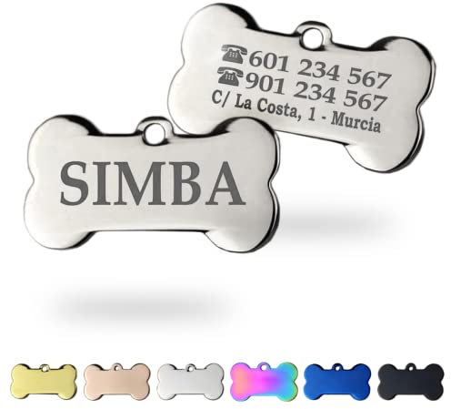 Ibera Gifts - Chapa Perro Grabada en Forma de Hueso | Placa Perro Personalizada para Perros y Gatos Medianos y Grandes | Placa Identificativa en Acero Inoxidable (Plateado)
