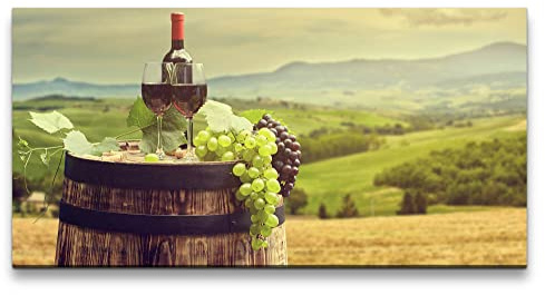 Paul Sinus Leinwandbild 120x60cm Wein Weinberge Weinfass Weintrauben Weinflasche Idyllisch