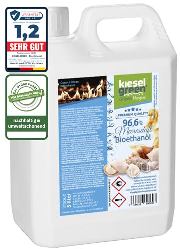 KieselGreen Bioethanol 5 Liter mit Duft für Ethanol-Kamin, viele Sorten - Bio Ethanol als Raumduft in vielen Duftnoten - Parfüm für Bio Ethanol Kamin Indoor oder Bioethanol Tischfeuer (O,5)