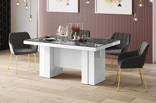 Design Esstisch HLA-111 Marmor dunkel/Weiß Hochglanz ausziehbar XXL 160 cm bis 400 cm Esszimmertisch für 18 Personen Kitchentable Funktionstisch Ausziehtisch Esszimmer Tisch Esszimmermöbel