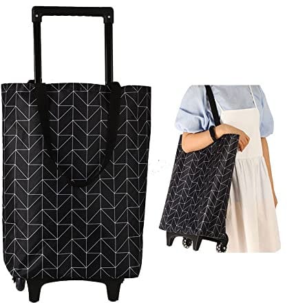 Belegao Shopping Bag on Wheels for Women - Foldable Shopping Trolley Waterproof Telescopic Handle Tollery Bag Collapsible Heavy Duty Collapsible Grocery Cart Tote Bag, Black