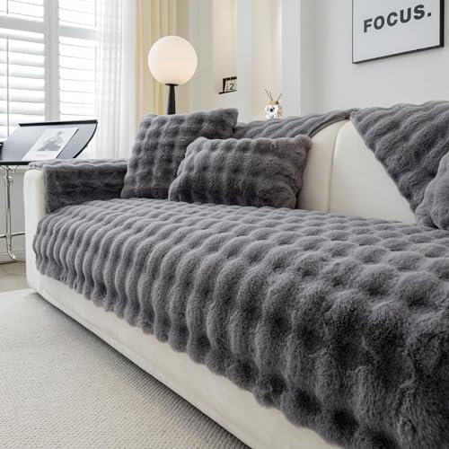 Weiche Plüsch Sofabezug Waschbar - Neue Rutschfeste Sofa überzug 1 2 3 4 Sitzer Couch überzug für Sektionssofa, Flauschiger Kunstpelz Sofa Sitzkissenbezug L Form Möbelschutz (Dunkelgrau, 90x160cm)