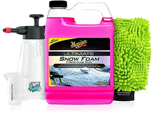Meguiar's UltimateSnowFoam Aktivschaum (946ml) hochkonzentrierter Snow Foam + chemicalworkz Waschhandschuh + Schaumsprüher - schonende Autowäsche - Vorreiniger, Shampoo, pH-neutral, waschen | 5-tlg