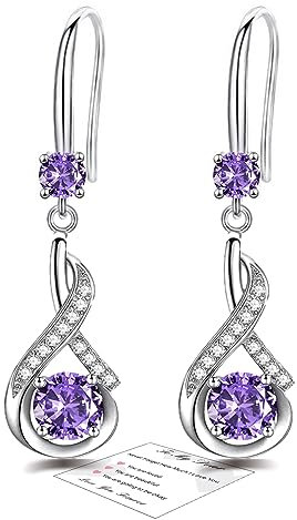 Silver Drop Earrings for Women Dangling, Sterling Silver Dangle Earrings with Cubic Zirconia, Hypoallergenic Purple Dangly Drop Earrings for Women Jewellery Gift for Birthday Christmas
