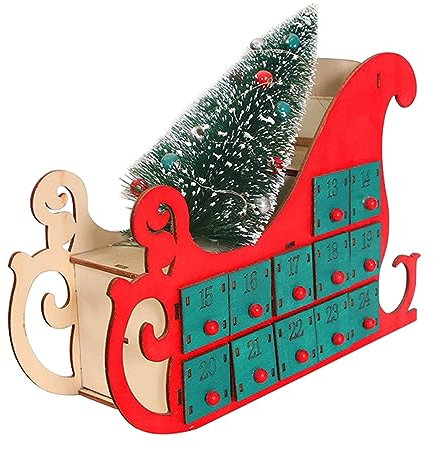 LKPOMI Weihnachts-Adventskalender aus Holz, Schlitten-beleuchteter Adventskalender mit 24 Schubladen, Weihnachts-Schlitten-Countdown-Kalender, DIY-Desktop-Dekoration, Krippen-Ornamente(Grün)