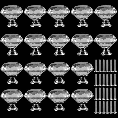 PINGEUI 18 Pack Crystal Door Drawer Handles, 30mm Drawer Handles Diamond Door Knobs with 18 Screw, Clear Glass Drawer Knobs for Home Kitchen, Office, Chest Bin, Drawer Decorating