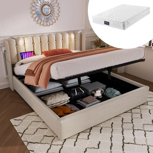 HESHU Polsterbett 140x200 cm, Doppelbett mit Hydraulisch Stauraum, Kopfteil mit Leselicht und USB Ladefunktion, Jugendbett Erwachsenenbett, Leinen, Natürlich, mit Matratze