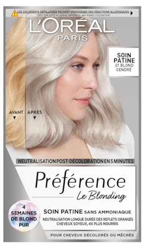 L’ORÉAL PARIS - Soin Patine Post-Décoloration - Neutralise les Reflets Orangés & Nourrit les Cheveux - Sans Ammoniaque - Préférence Le Blonding - Teinte : Blond Cendré (01)