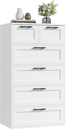 HOCSOK Kommode Weiß, Schlafzimmer Kommode mit 6 Schubladen, Hoch Schubladenschrank Sideboard für Wohnzimmer, Schlafzimmer, Flur, Modern, Holz