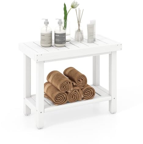 RELAX4LIFE 2-Tier Bathroom Stool, HDPE Slatted Shower Seat with Anti-Slip Pads, Bath SPA Corner Display Rack for Bathroom Hallway Living Room (White)