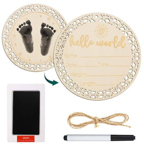 Baby Ankündigungsschild, 6,69 Zoll Holz Hello World Neugeborenes Schild mit Stempelkissen für Baby Hand und Fußabdrücke Baby Namensschild zur Geburt Ankündigung Schild Geschenk (Sonnenstil)
